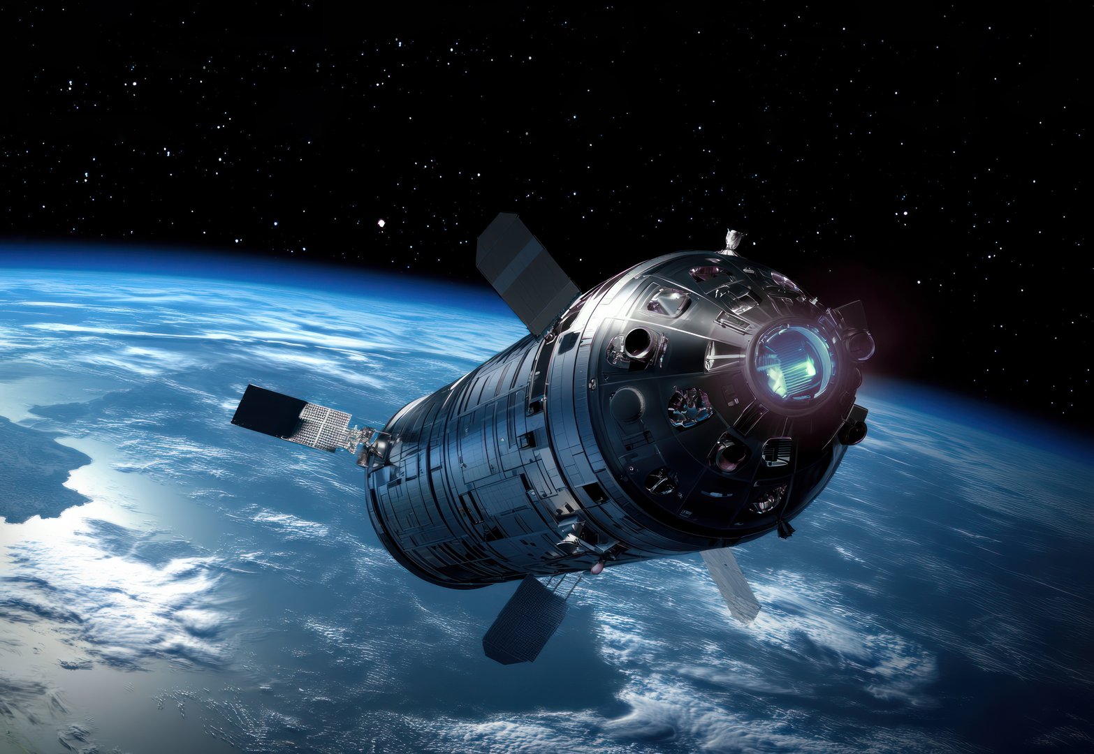 A metallic satellite above Earth, with solar panels extended and the planet’s blue surface visible below against the blackness of space.