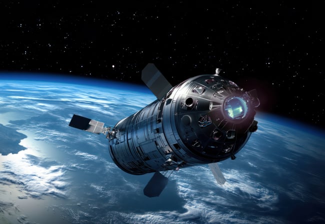 Ein metallischer Satellit über der Erde, dessen Sonnenkollektoren ausgefahren sind und unter dem die blaue Oberfläche des Planeten vor dem schwarzen Hintergrund des Weltraums zu sehen ist.