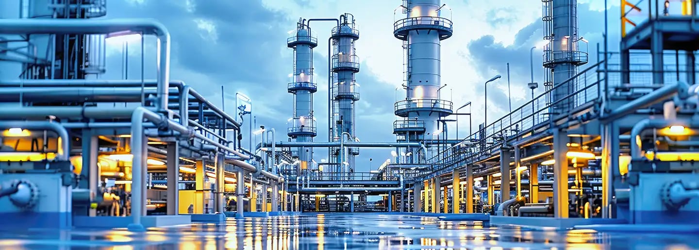 Ein modernes industrielles Chemiewerk mit hohen Destillationstürmen, zahlreichen Rohren und Metallkonstruktionen vor einem bewölkten Himmel. Der Boden spiegelt aufgrund von Regen.