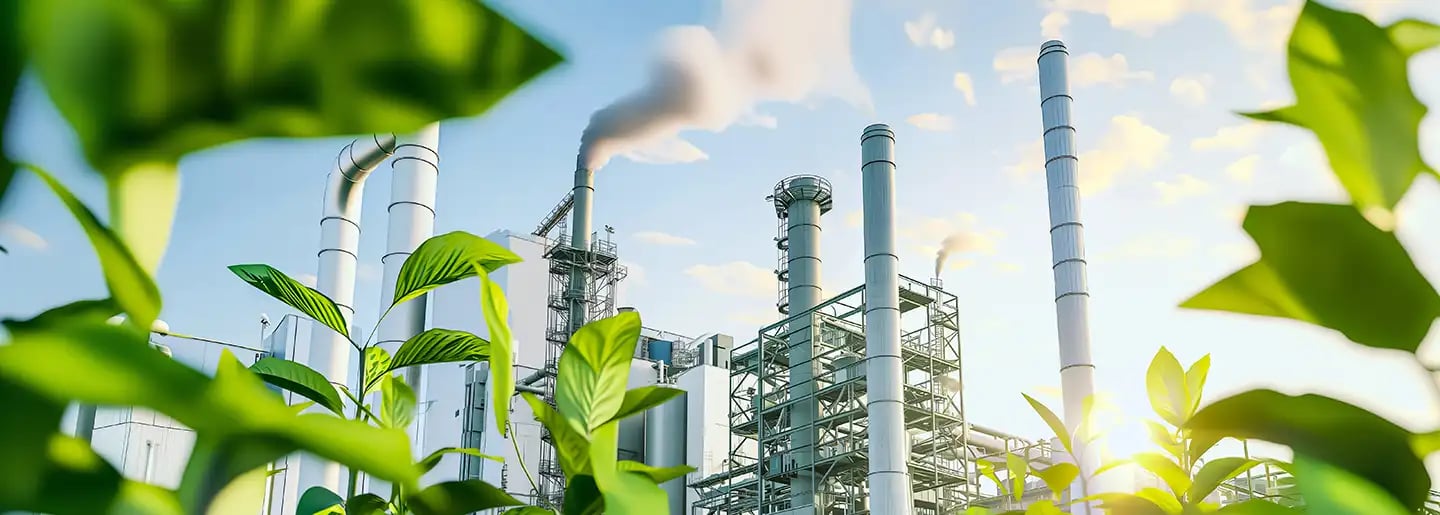 Green plants in the foreground, an industrial factory in the background with smoke billowing from its tall chimneys, under a partly cloudy sky, highlighting the contrast between nature and industry.