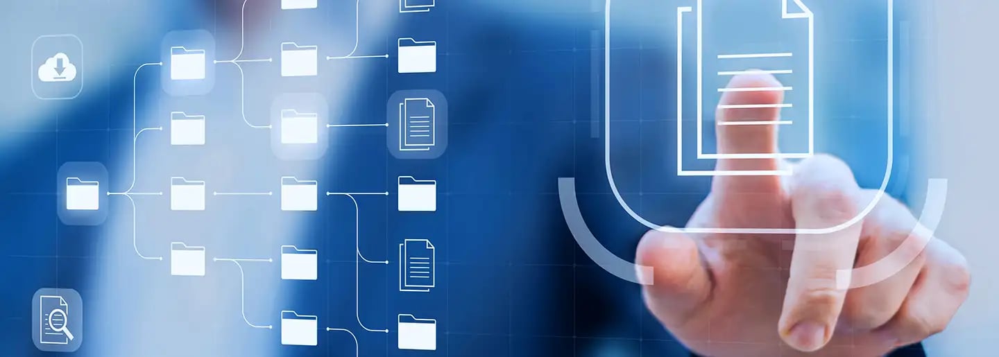 A person wearing a suit interacts with virtual digital folders and documents on a transparent touchscreen interface using their finger, illustrating digital data management or file organization.