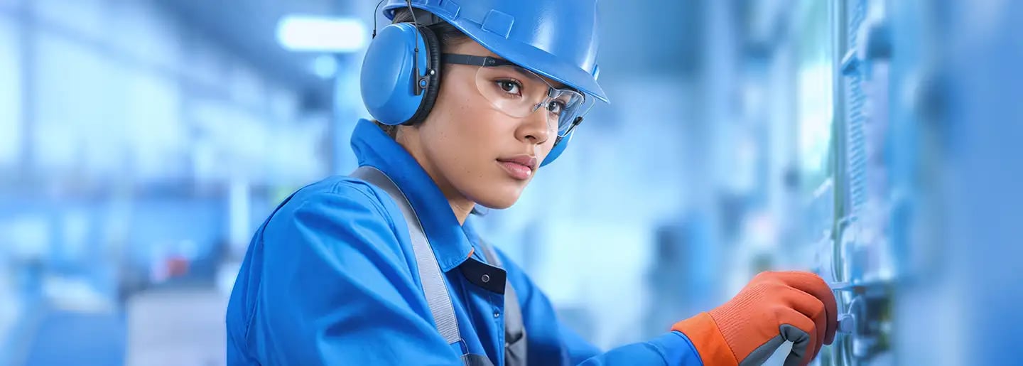 Eine Person mit blauem Schutzhelm, Schutzbrille, Gehörschutz und orangefarbenen Handschuhen bedient Steuergeräte in einer Industrieanlage. Der Hintergrund ist unscharf, was den Fokus auf Sicherheit und Technologie unterstreicht.