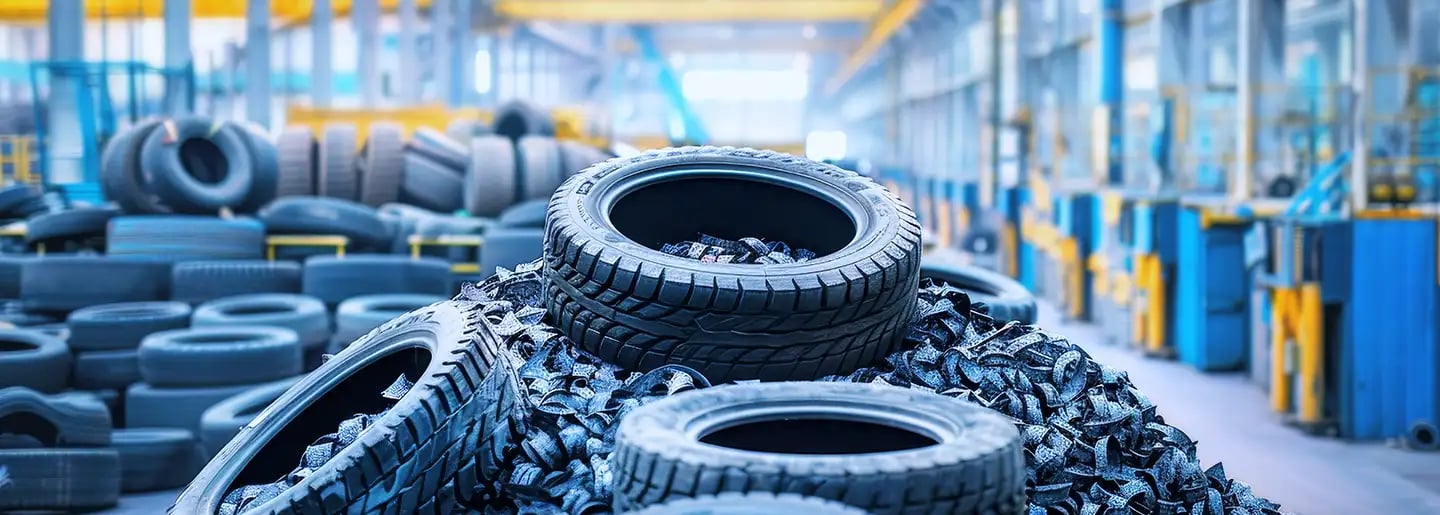 Gestapelte Altreifen und Reifenreste in einer Recyclingfabrik
