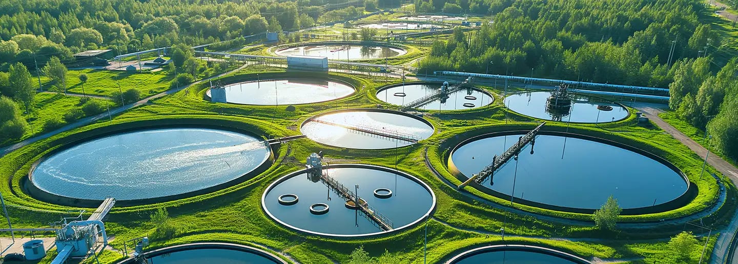 Luftaufnahme von großen runden Abwasserbehandlungsbecken, umgeben von grünem Gras und Bäumen an einem sonnigen Tag.